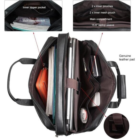 ⚡Men Black Fits 15.6 Inch Laptop Crossbody Bag Attached Leather Briefcase - Picture 4 of 8